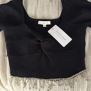 Black Twist Front Rhinestone Crop Sweater